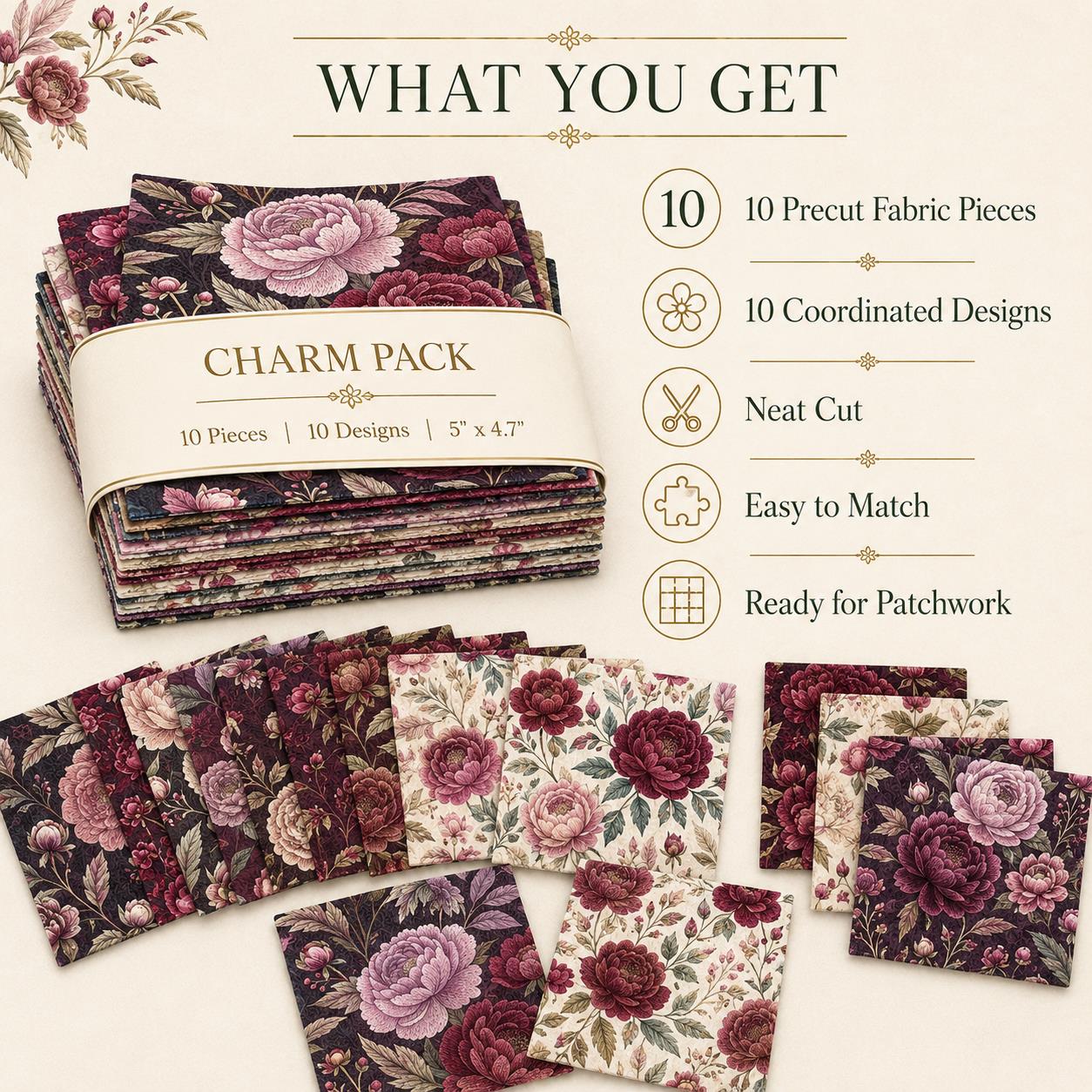 10Pc/Set Peony Flower Series Fat Quarter Fabric, Pre-Cut Square Fabric Assort, Fabric Set, Craft Fabric, Handmade DIY Patchwork Fabric,Home Quilting Sewing Fabric, Packaging Fabric, Scrapbooking Craft Hobbyist
