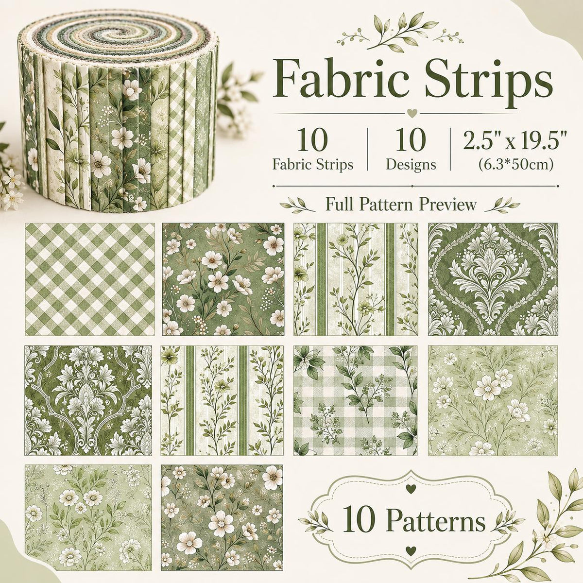 10pcs Vintage Green Floral Pattern Jelly Roll Fabric Strips 2.5X19.7inch Pre-Cut 100% Polyester For Patchwork Quilts, Table Runners, Placemats, Tote Bags, Storage Pouches, Makeup Bags, Coasters, Quilt Blocks & Binding