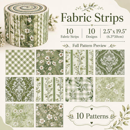 10pcs Vintage Green Floral Pattern Jelly Roll Fabric Strips 2.5X19.7inch Pre-Cut 100% Polyester For Patchwork Quilts, Table Runners, Placemats, Tote Bags, Storage Pouches, Makeup Bags, Coasters, Quilt Blocks & Binding