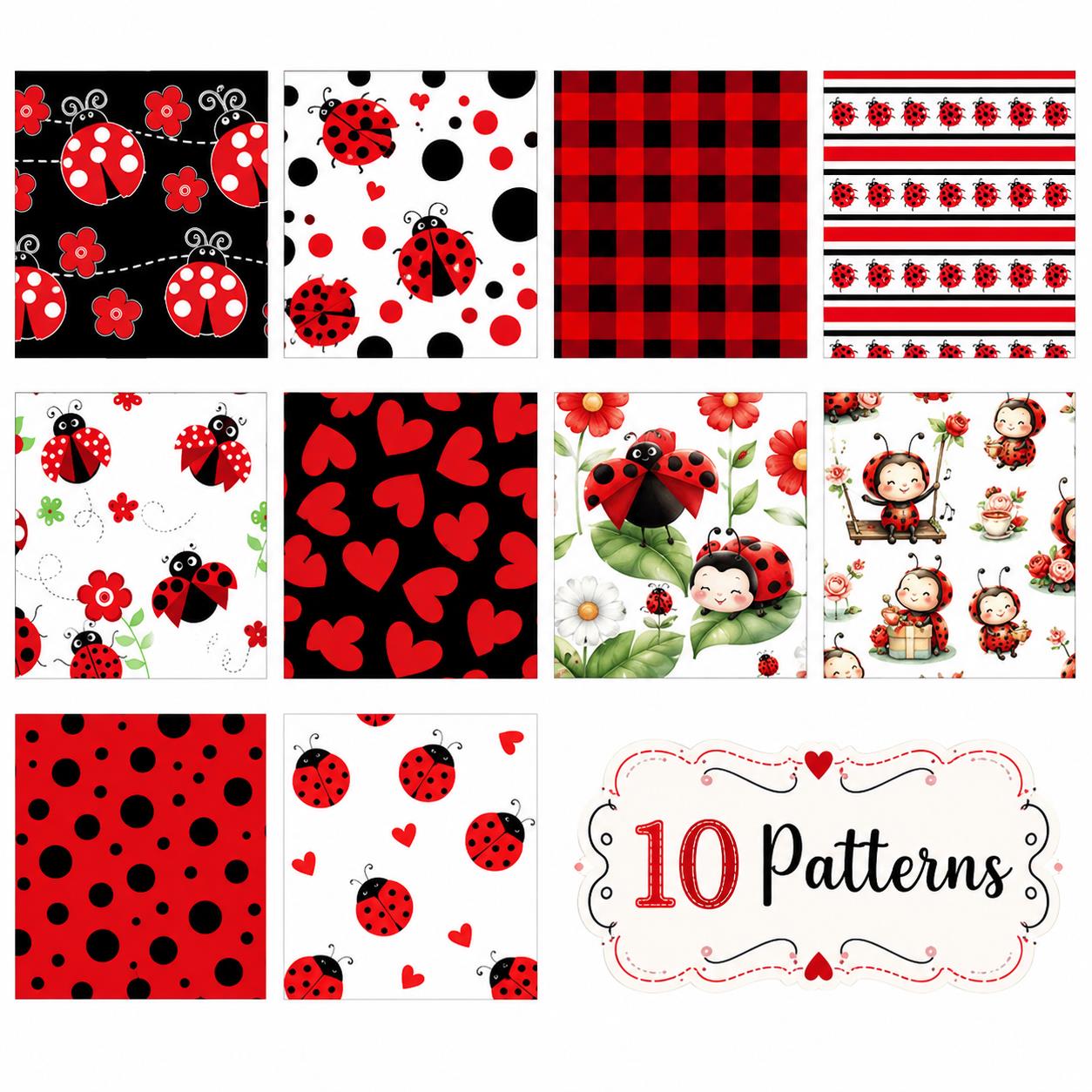 10Pc/Set, Making 10 Images 1pc Each, Each Size: 6.3*50cm Spring Heart Ladybug Red Series Sliced Fabric Set Style Combination, Polyester Jelly Roll Fabric Strips, Pre-Cut Quilting Squares, For Quilting DIY, Handicrafts And Sewing, Blankets, Rugs