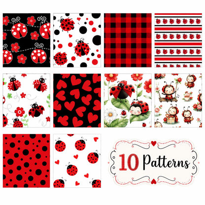 10Pc/Set, Making 10 Images 1pc Each, Each Size: 6.3*50cm Spring Heart Ladybug Red Series Sliced Fabric Set Style Combination, Polyester Jelly Roll Fabric Strips, Pre-Cut Quilting Squares, For Quilting DIY, Handicrafts And Sewing, Blankets, Rugs
