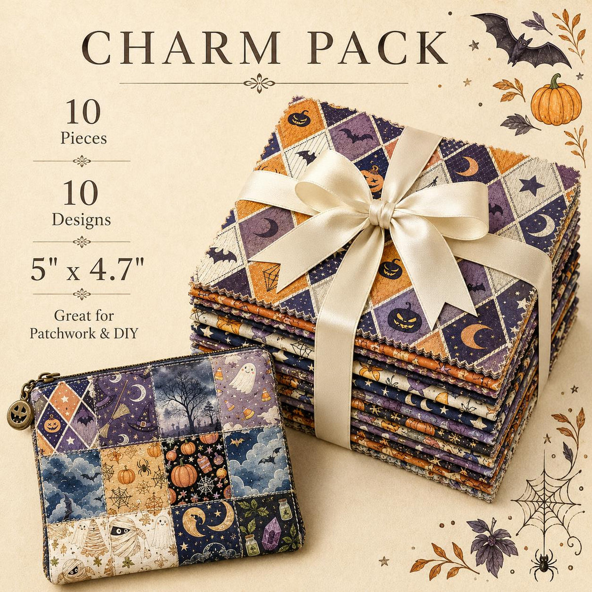 10pcs Charm Pack Set Bat Pumpkin Moon Halloween Vintage Style Pattern Handmade DIY with Rich Color and Texture Elements 100% Polyester Patchwork in 10 Design Styles Suitable for Patchwork DIY Craft Projects DIY Wallet Making Gift Giving Bag Making