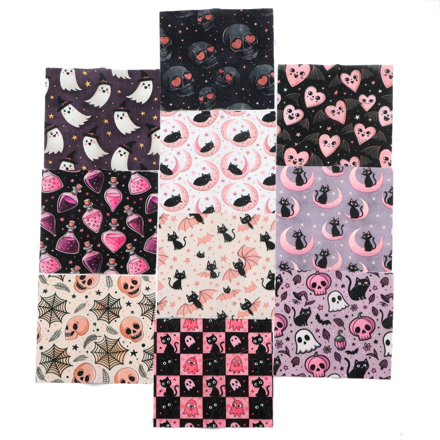 10pcs Charm Pack Set  Bat Ghost Skull Halloween Vintage Style Pattern Handmade DIY with Rich Color and Texture Elements 100% Polyester Patchwork in 10 Design Styles Suitable for Patchwork DIY Craft Projects DIY Wallet Making Gift Giving Bag Making