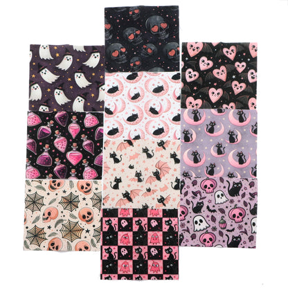 10pcs Charm Pack Set  Bat Ghost Skull Halloween Vintage Style Pattern Handmade DIY with Rich Color and Texture Elements 100% Polyester Patchwork in 10 Design Styles Suitable for Patchwork DIY Craft Projects DIY Wallet Making Gift Giving Bag Making