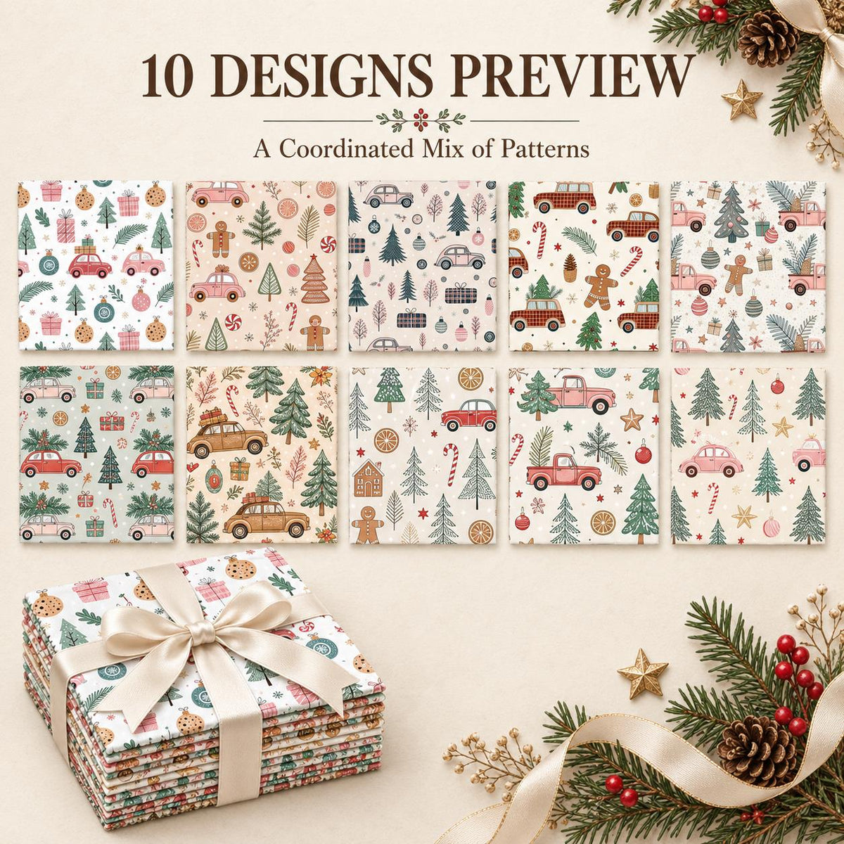 10Pc/Set Christmas Series Star Car Tree Gift Crutch Fat Quarter Fabric, Pre-Cut Square Fabric Assort, Fabric Set, Craft Fabric, Handmade DIY Patchwork Fabric,Home Quilting Sewing Fabric, Packaging Fabric, Scrapbooking Craft Hobbyist