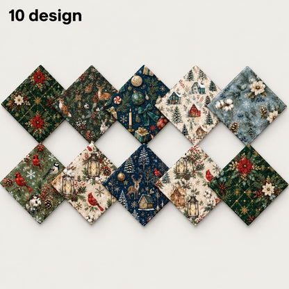 10Pc/Set Christmas Series Bowknot Flower Rabbit Northern Cardinal Deer Holly Pinecones Fox Fat Quarter Fabric, Pre-Cut Square Fabric Assort, Fabric Set, Craft Fabric, Handmade DIY Patchwork Fabric,Home Quilting Sewing Fabric, Packaging Fabric, Scrapbookin