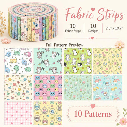 10pcs Vintage Floral Cat Pattern Jelly Roll Fabric Strips 2.5X19.7inch Pre-Cut 100% Polyester For Patchwork Quilts, Table Runners, Placemats, Tote Bags, Storage Pouches, Makeup Bags, Coasters, Quilt Blocks & Binding