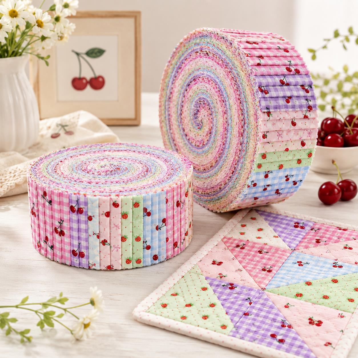 10Pc/Set, Making 10 Images 1pc Each, Each Size: 6.3*50cm Cherry Strawberry Fruit Series Sliced Fabric Set Style Combination, Polyester Jelly Roll Fabric Strips, Pre-Cut Quilting Squares, For Quilting DIY, Handicrafts And Sewing, Blankets, Rugs