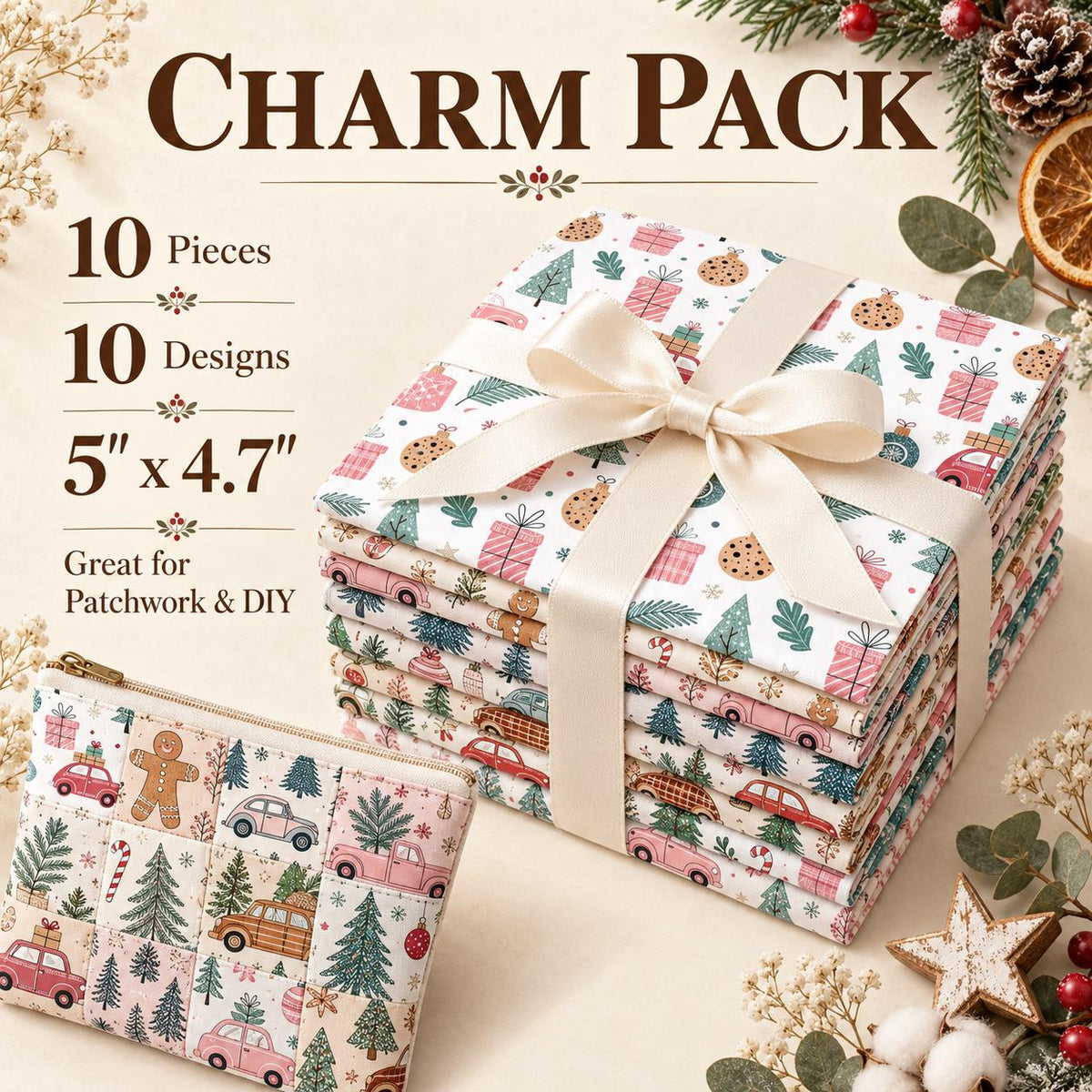 10Pc/Set Christmas Series Star Car Tree Gift Crutch Fat Quarter Fabric, Pre-Cut Square Fabric Assort, Fabric Set, Craft Fabric, Handmade DIY Patchwork Fabric,Home Quilting Sewing Fabric, Packaging Fabric, Scrapbooking Craft Hobbyist