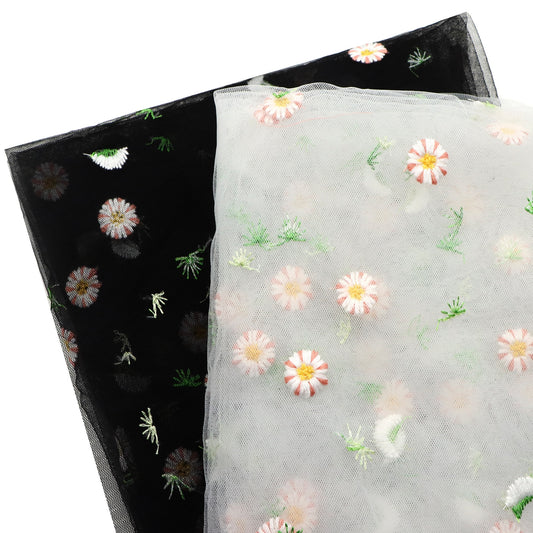 1Pc Colorful Daisy Floral Embroidered Mesh Fabric, 19.68x57inch Pre-cut Tulle Fabric, Ideal for Quilting, DIY Pouch Purse Making,Sewing, Wedding Veils, Curtains, Bags, Cushions & Furniture Covers, Embroidery Supplies
