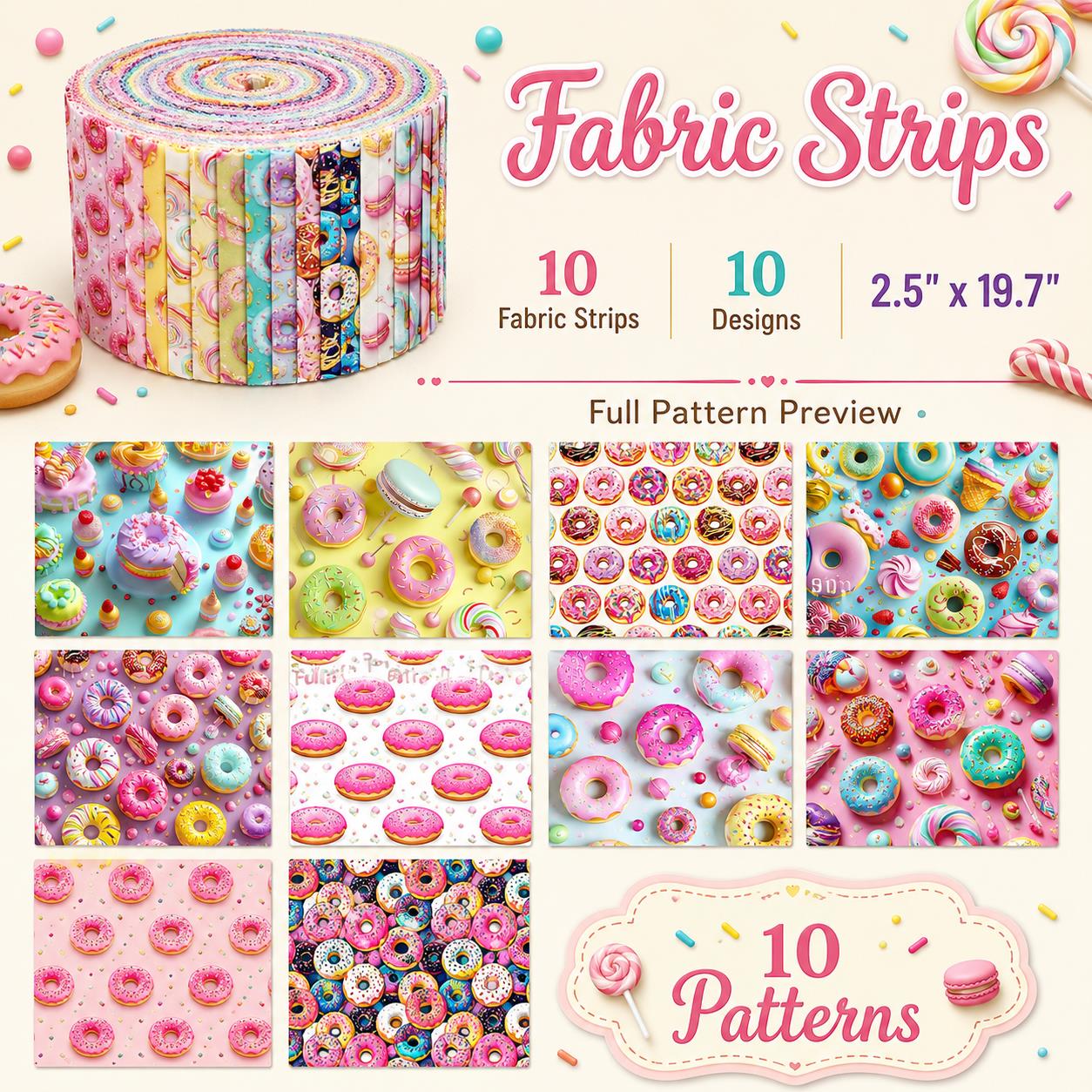 10pcs Donuts Jelly Roll Fabric Strips 2.5X19.7inch Pre-Cut 100% Polyester For Patchwork Quilts, Table Runners, Placemats, Tote Bags, Storage Pouches, Makeup Bags, Coasters, Quilt Blocks & Binding