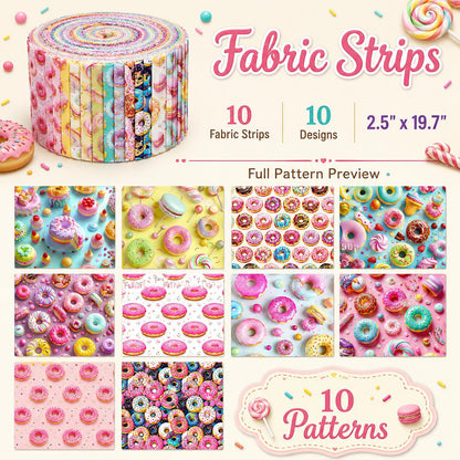 10pcs Donuts Jelly Roll Fabric Strips 2.5X19.7inch Pre-Cut 100% Polyester For Patchwork Quilts, Table Runners, Placemats, Tote Bags, Storage Pouches, Makeup Bags, Coasters, Quilt Blocks & Binding