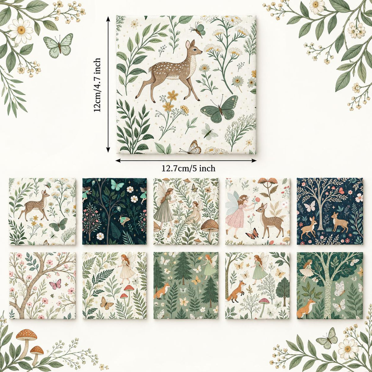 10Pc/Set Flower Butterfly Series Deer Mushroom Fox Fat Quarter Fabric, Pre-Cut Square Fabric Assort, Fabric Set, Craft Fabric, Handmade DIY Patchwork Fabric,Home Quilting Sewing Fabric, Packaging Fabric, Scrapbooking Craft Hobbyist