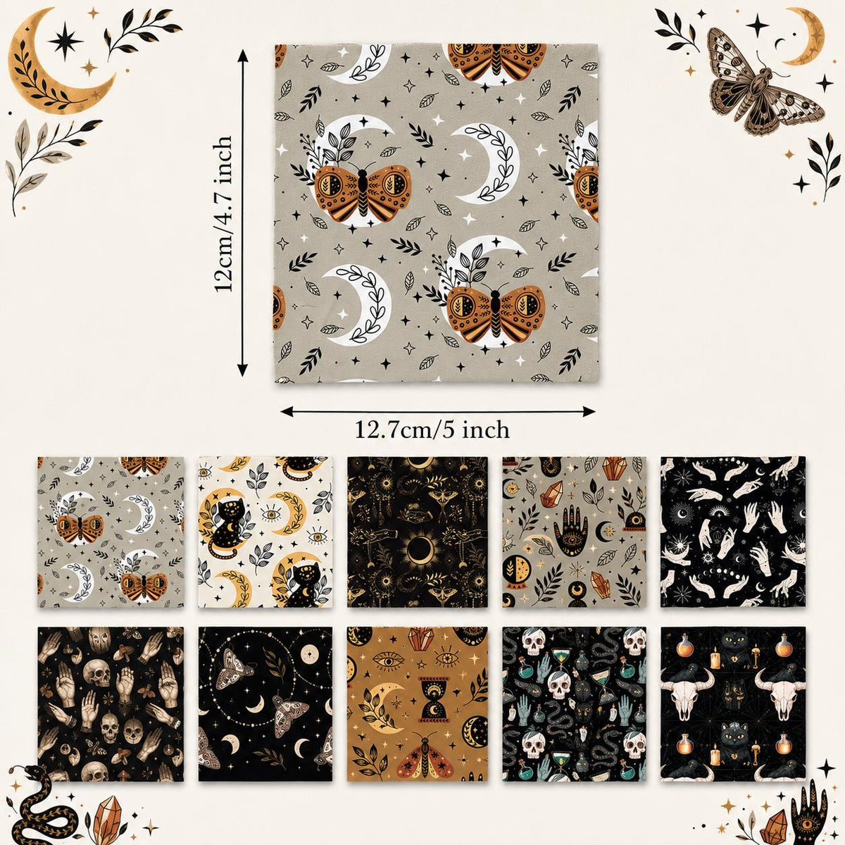 10pcs Charm Pack Set Cat Hand Skull Vintage Style Pattern Handmade DIY with Rich Color and Texture Elements 100% Polyester Patchwork in 10 Design Styles Suitable for Patchwork DIY Craft Projects DIY Wallet Making Gift Giving Bag Making Mother's Day Gift