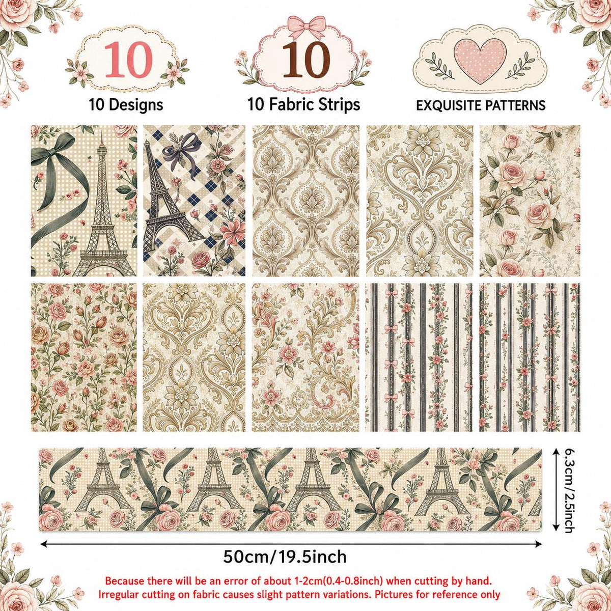 10pcs Vintage Floral Pattern Jelly Roll Fabric Strips 2.5X19.7inch Pre-Cut 100% Polyester For Patchwork Quilts, Table Runners, Placemats, Tote Bags, Storage Pouches, Makeup Bags, Coasters, Quilt Blocks & Binding