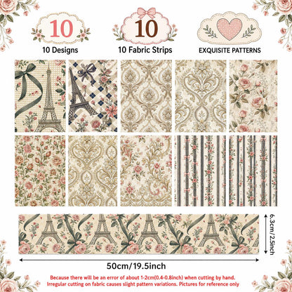 10pcs Vintage Floral Pattern Jelly Roll Fabric Strips 2.5X19.7inch Pre-Cut 100% Polyester For Patchwork Quilts, Table Runners, Placemats, Tote Bags, Storage Pouches, Makeup Bags, Coasters, Quilt Blocks & Binding