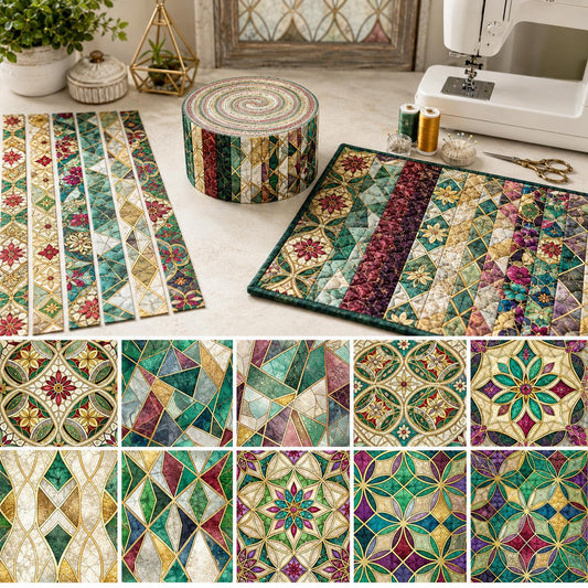 10pcs Vintage Mosaico Pattern Jelly Roll Fabric Strips 2.5X19.7inch Pre-Cut 100% Polyester For Patchwork Quilts, Table Runners, Placemats, Tote Bags, Storage Pouches, Makeup Bags, Coasters, Quilt Blocks & Binding