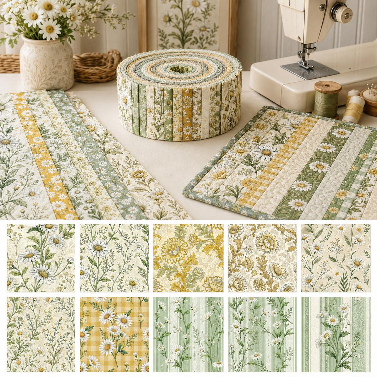 10pcs Vintage Daisy Floral Pattern Jelly Roll Fabric Strips 2.5X19.7inch Pre-Cut 100% Polyester For Patchwork Quilts, Table Runners, Placemats, Tote Bags, Storage Pouches, Makeup Bags, Coasters, Quilt Blocks & Binding
