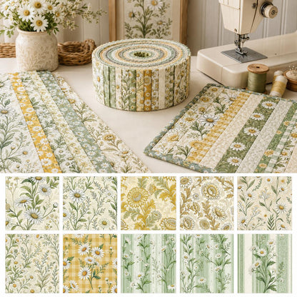 10pcs Vintage Daisy Floral Pattern Jelly Roll Fabric Strips 2.5X19.7inch Pre-Cut 100% Polyester For Patchwork Quilts, Table Runners, Placemats, Tote Bags, Storage Pouches, Makeup Bags, Coasters, Quilt Blocks & Binding