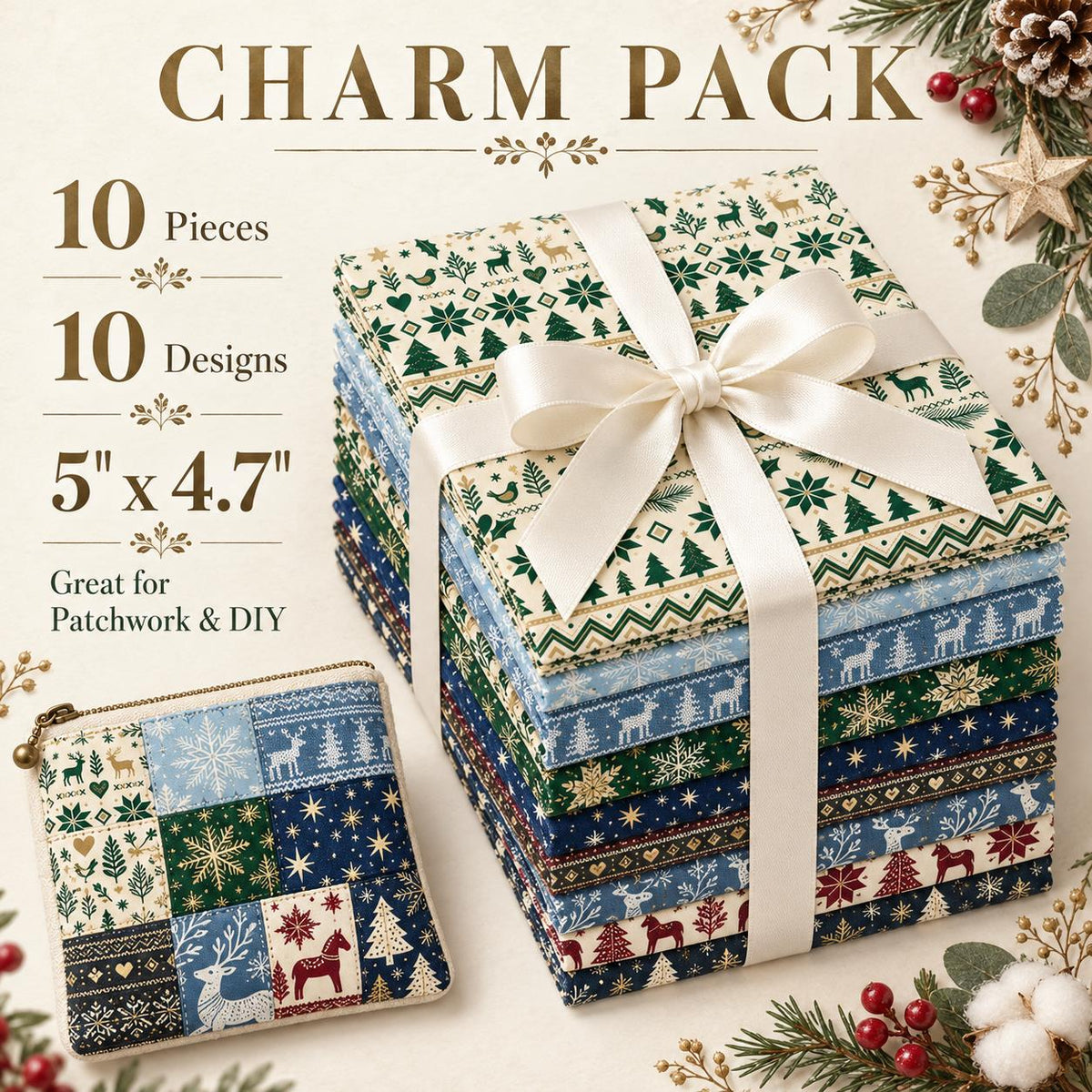 10Pc/Set Christmas Series Stripe Heart Star Bird Deer Horse Tree Pinecones Fat Quarter Fabric, Pre-Cut Square Fabric Assort, Fabric Set, Craft Fabric, Handmade DIY Patchwork Fabric,Home Quilting Sewing Fabric, Packaging Fabric, Scrapbooking Craft Hobbyist