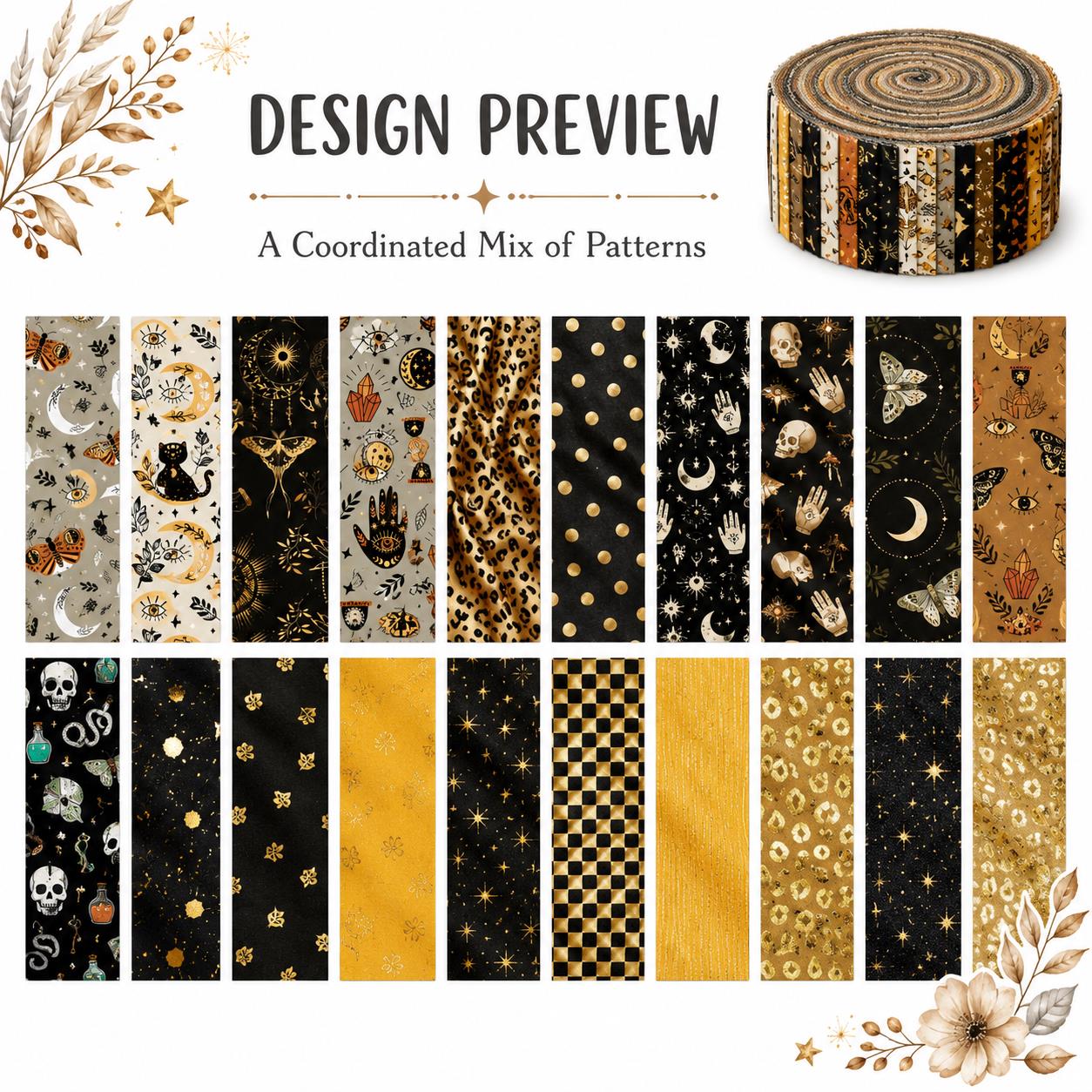 20pcs Skull Hand Black Series Jelly Roll Sliced Fabric Strips 2.5X19.7inch Delicate Printed Multi-Color 100% Polyester for DIY Handmade Patchwork, Table Runners, Placemats, Tote Bags, Storage Pouches, Makeup Bags, Coasters, Quilt Blocks & Binding Pre-cut