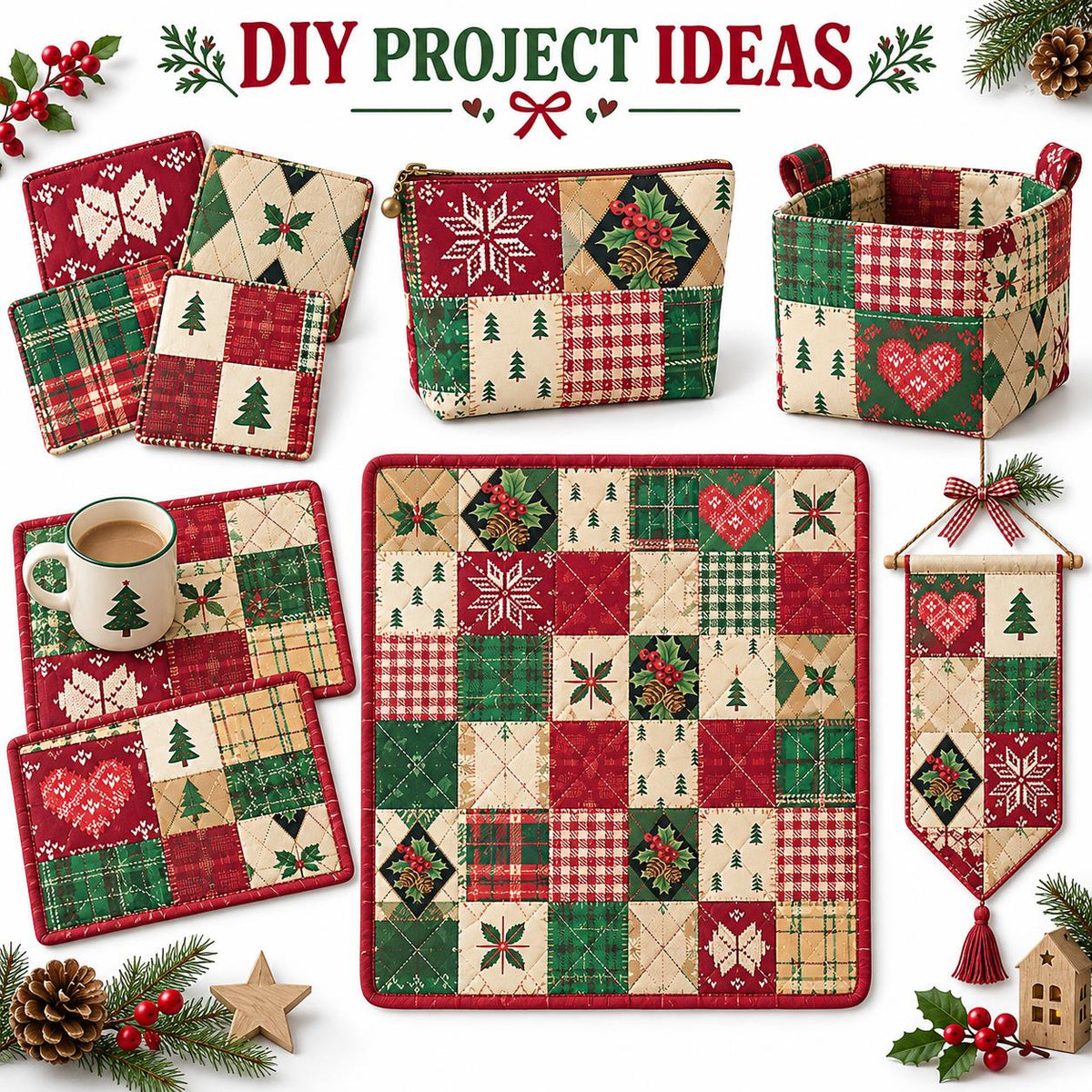 10Pc/Set Christmas Series Stripe Heart Plaid Holly Pinecones Fat Quarter Fabric, Pre-Cut Square Fabric Assort, Fabric Set, Craft Fabric, Handmade DIY Patchwork Fabric,Home Quilting Sewing Fabric, Packaging Fabric, Scrapbooking Craft Hobbyist