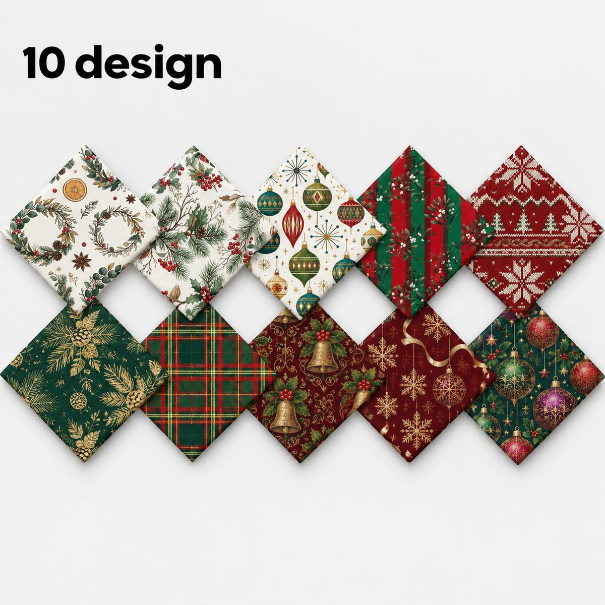 10Pc/Set Christmas Series Stripe Bowknot Wreath Flower Star Plaid Holly Pinecones Fat Quarter Fabric, Pre-Cut Square Fabric Assort, Fabric Set, Craft Fabric, Handmade DIY Patchwork Fabric,Home Quilting Sewing Fabric, Packaging Fabric, Scrapbooking Craft H