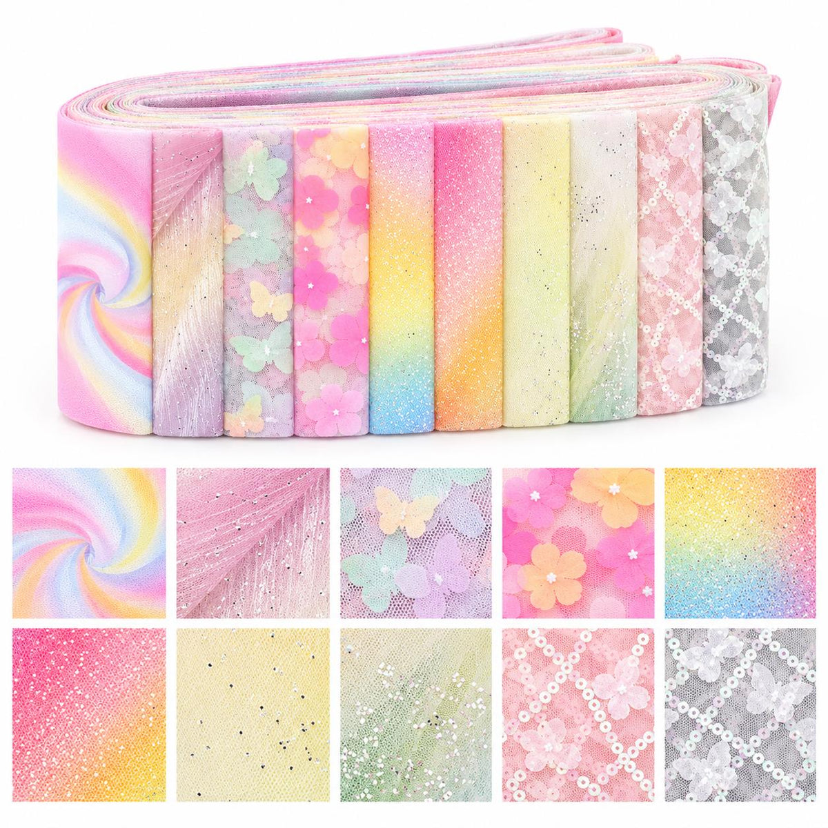 10pcs Vintage Butterfly Mesh Gauze Lace Series Jelly Roll Fabric Strips 2.5X19.7inch Pre-cut 100% Polyester for Patchwork Quilts, Table Runners, Placemats, Tote Bags, Storage Pouches, Makeup Bags, Coasters, Quilt Blocks & Binding Multi-color