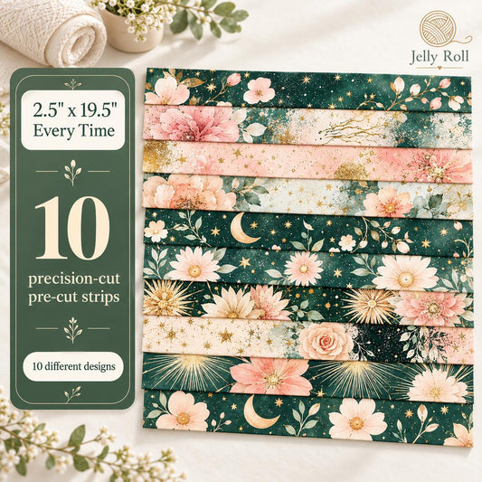 10pcs Vintage Floral Moon Pattern Jelly Roll Fabric Strips 2.5X19.7inch Pre-Cut 100% Polyester For Patchwork Quilts, Table Runners, Placemats, Tote Bags, Storage Pouches, Makeup Bags, Coasters, Quilt Blocks & Binding