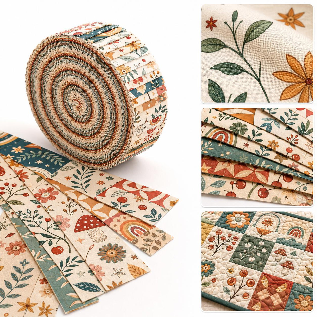 10pcs Vintage Plaid Pumpkin Floral Pattern Jelly Roll Fabric Strips 2.5X19.7inch Pre-Cut 100% Polyester For Patchwork Quilts, Table Runners, Placemats, Tote Bags, Storage Pouches, Makeup Bags, Coasters, Quilt Blocks & Binding