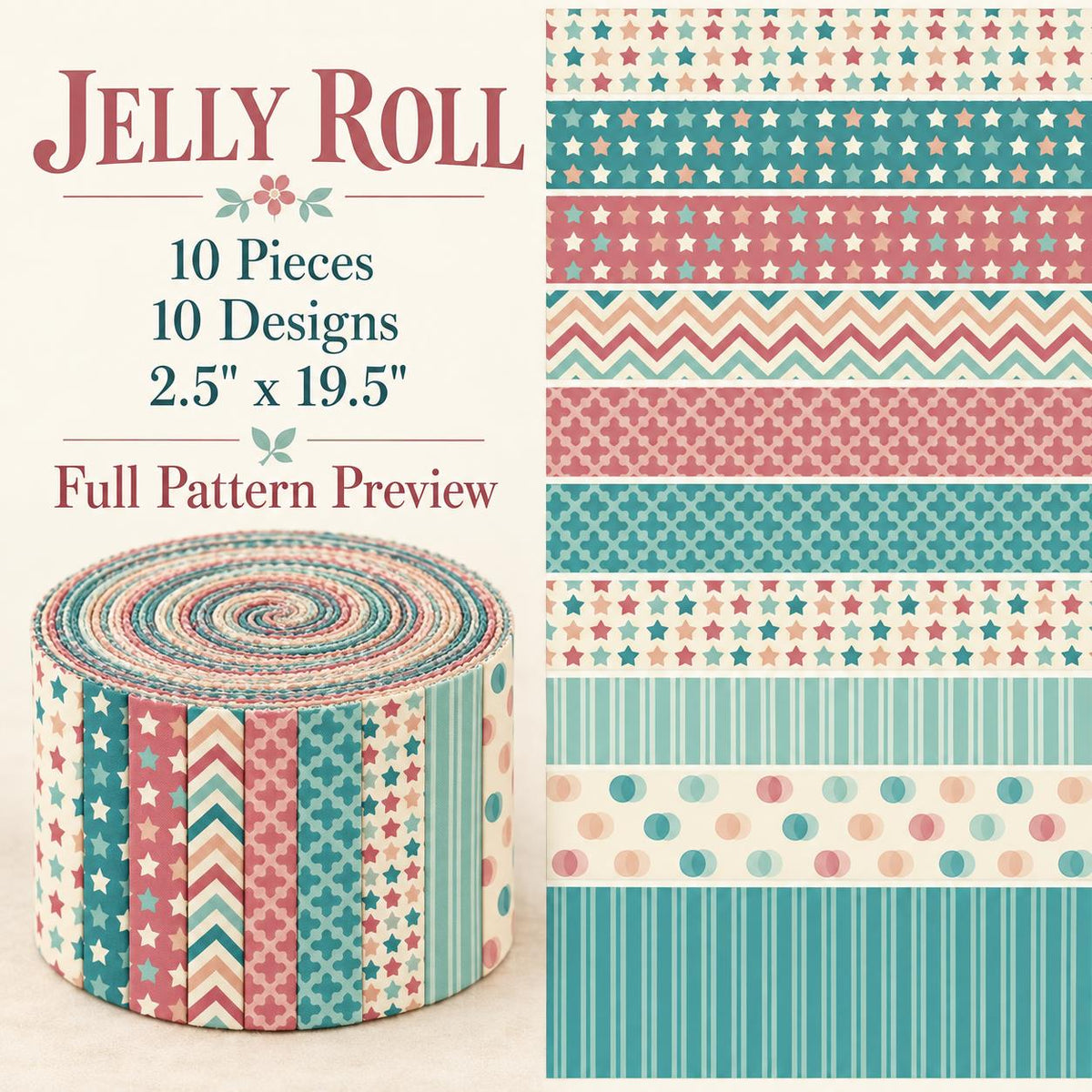 10pcs Vintage Dot Flower Pattern Jelly Roll Fabric Strips 2.5X19.7inch Pre-Cut 100% Polyester For Patchwork Quilts, Table Runners, Placemats, Tote Bags, Storage Pouches, Makeup Bags, Coasters, Quilt Blocks & Binding