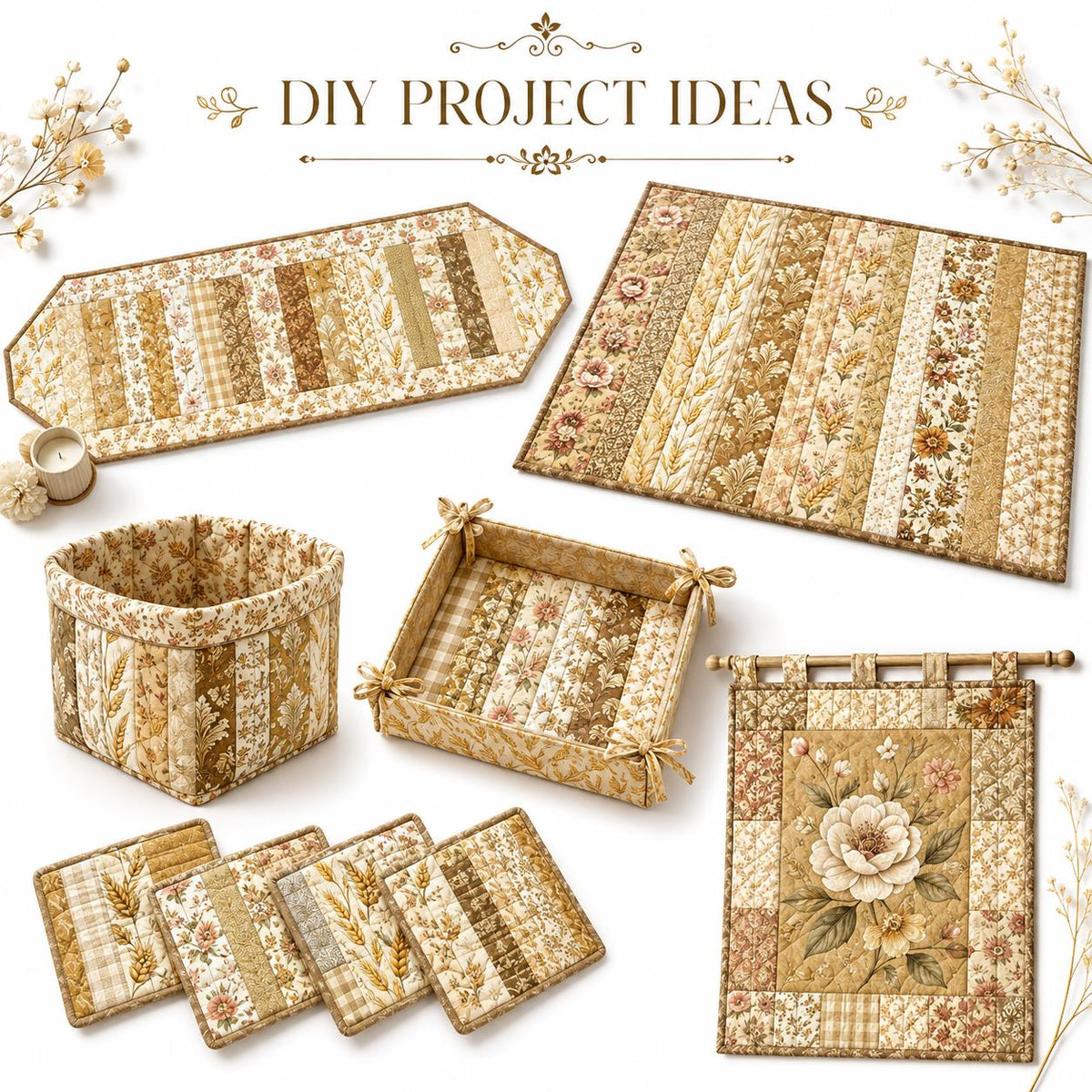 10pcs Vintage Floral Ear Of Wheat Autumn Pattern Jelly Roll Fabric Strips 2.5X19.7inch Pre-Cut 100% Polyester For Patchwork Quilts, Table Runners, Placemats, Tote Bags, Storage Pouches, Makeup Bags, Coasters, Quilt Blocks & Binding