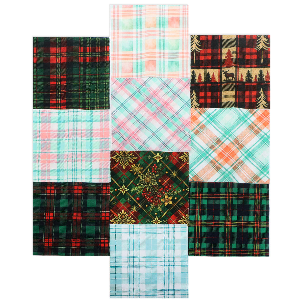 10Pc/Set Christmas Plaid Series Tree Deer Deer Fat Quarter Fabric, Pre-Cut Square Fabric Assort, Fabric Set, Craft Fabric, Handmade DIY Patchwork Fabric,Home Quilting Sewing Fabric, Packaging Fabric, Scrapbooking Craft Hobbyist