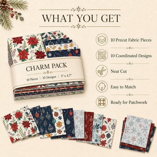 10Pc/Set Christmas Series Star Leaf Holly Pinecones Flower Fat Quarter Fabric, Pre-Cut Square Fabric Assort, Fabric Set, Craft Fabric, Handmade DIY Patchwork Fabric,Home Quilting Sewing Fabric, Packaging Fabric, Scrapbooking Craft Hobbyist