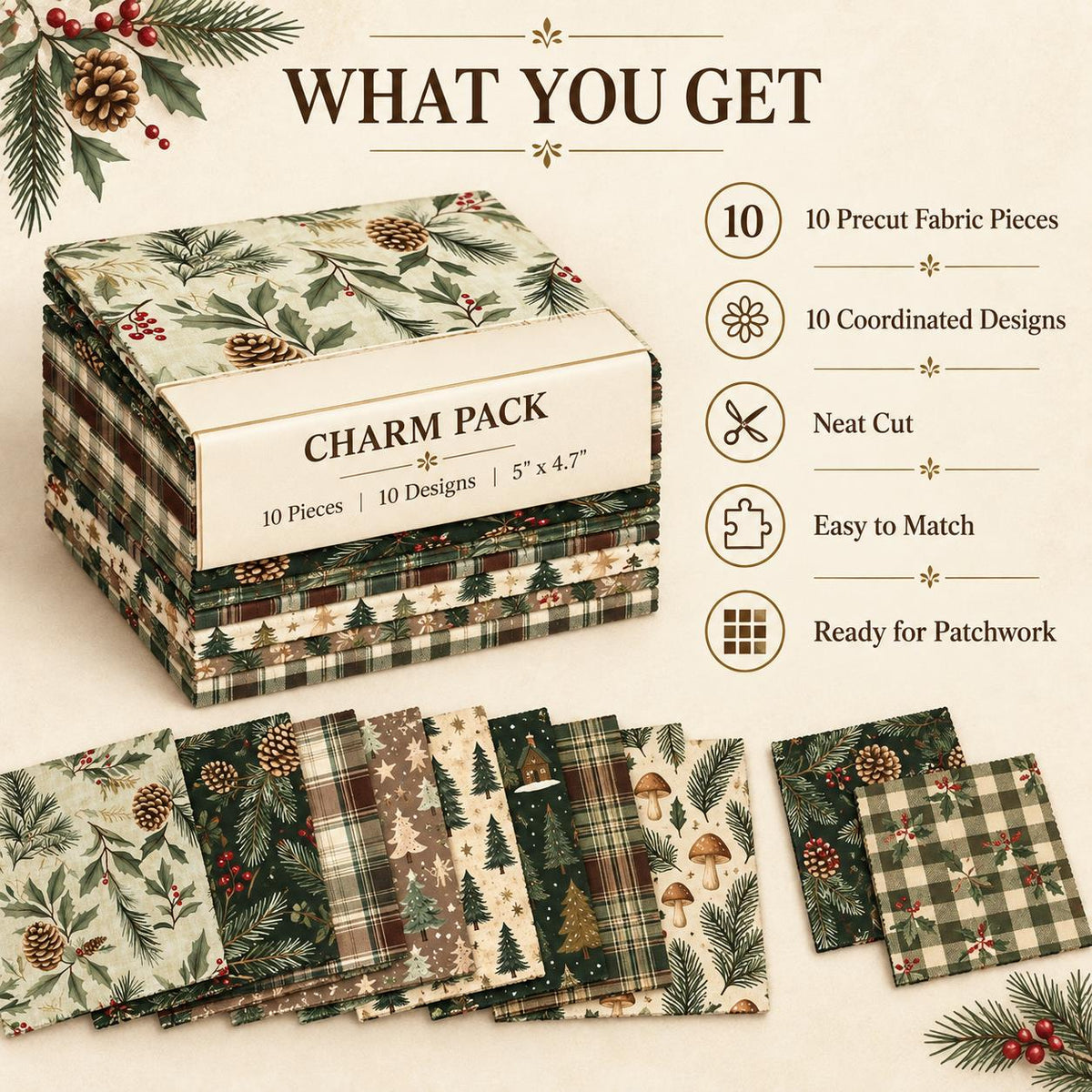 10Pc/set Christmas Series plaid tree mushroom Holly Pinecones Fat Quarter Fabric, Pre-Cut Square Fabric Assort, Fabric Set, Craft Fabric, Handmade DIY Patchwork Fabric,Home Quilting Sewing Fabric, Packaging Fabric, Scrapbooking Craft Hobbyist