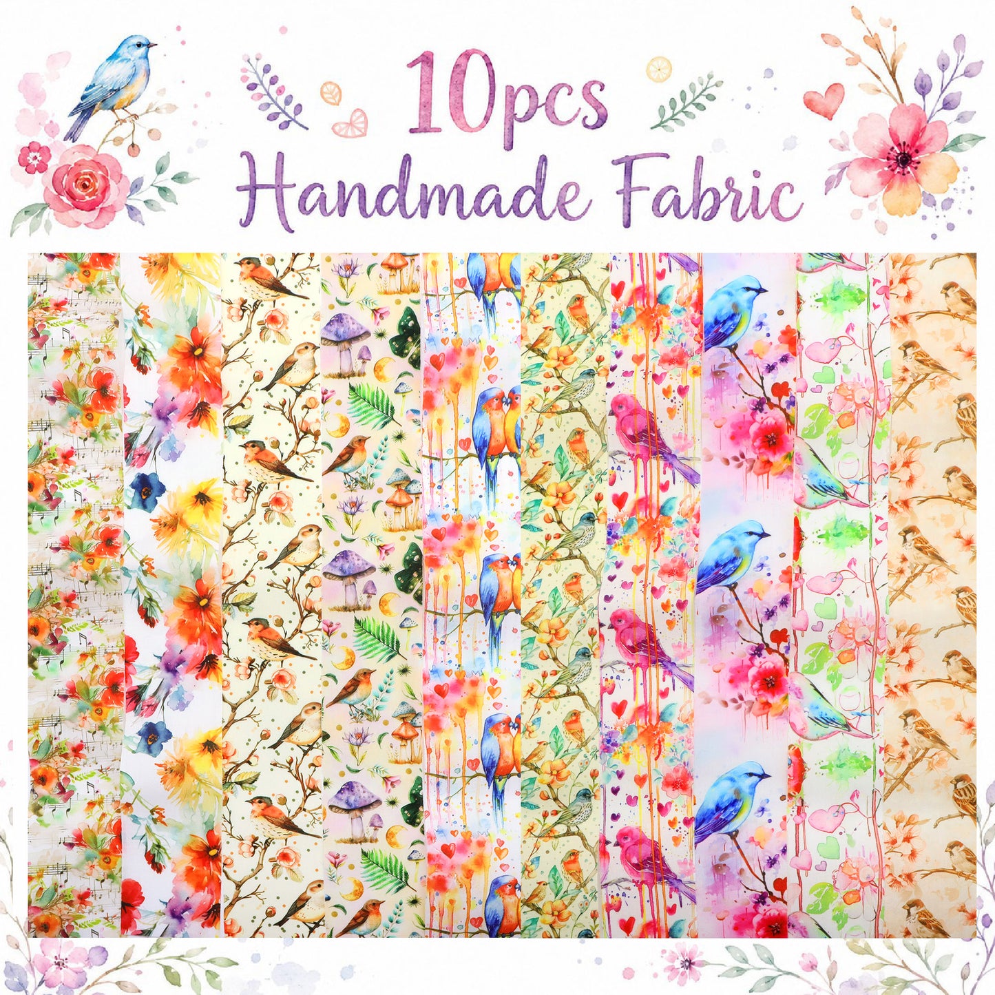 10Pc/Set, Making 10 Images 1pc Each, Each Size: 6.3*50cm Spring Bird Series Sliced Fabric Set Style Combination, Polyester Jelly Roll Fabric Strips, Pre-Cut Quilting Squares, For Quilting DIY, Handicrafts And Sewing, Blankets, Rugs, Interior Decoration