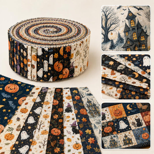 10pcs Vintage Plaid Pumpkin Ghost Cat Halloween Pattern Jelly Roll Fabric Strips 2.5X19.7inch Pre-Cut 100% Polyester For Patchwork Quilts, Table Runners, Placemats, Tote Bags, Storage Pouches, Makeup Bags, Coasters, Quilt Blocks & Binding
