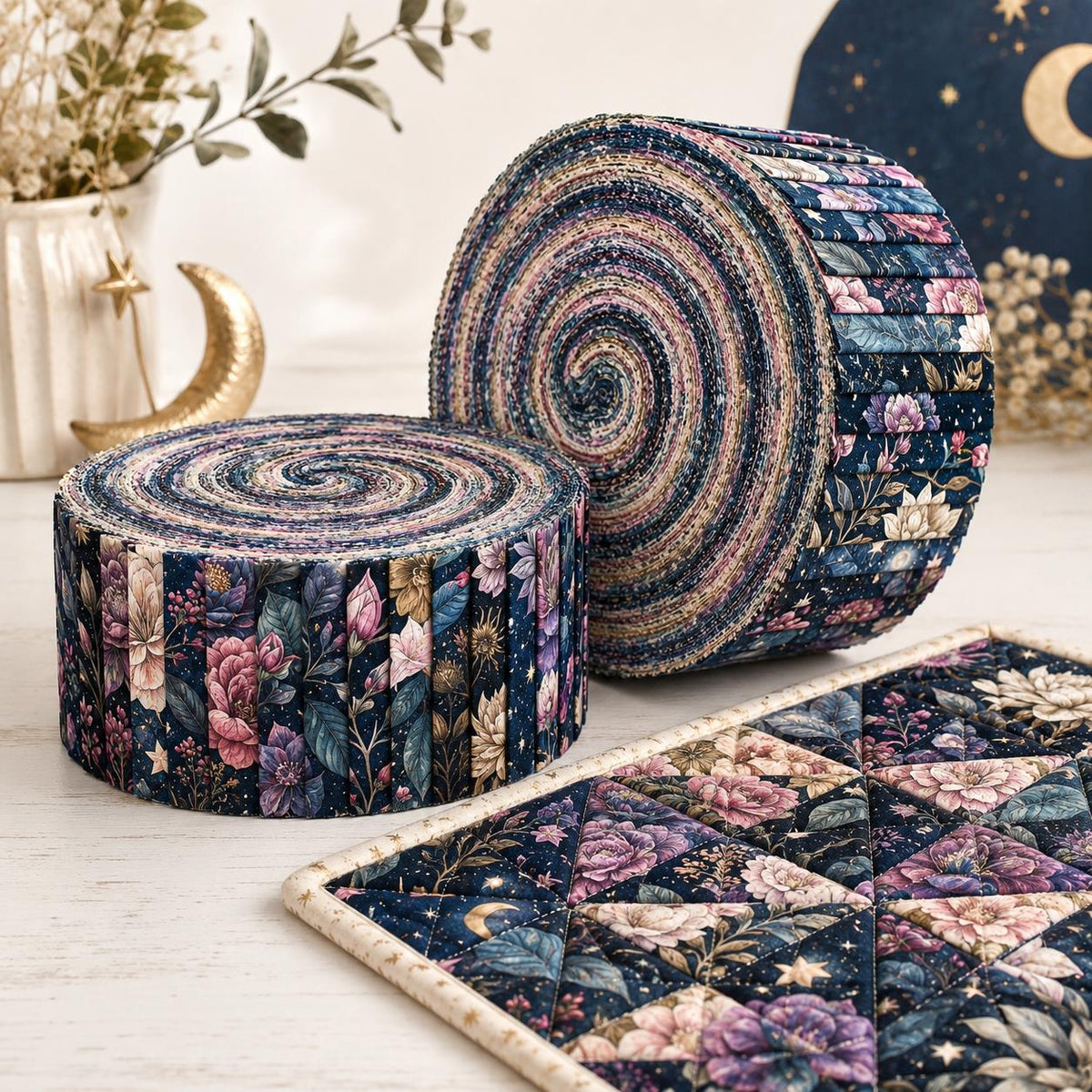 10pcs Vintage Floral Burgundy Moon Pattern Jelly Roll Fabric Strips 2.5X19.7inch Pre-Cut 100% Polyester For Patchwork Quilts, Table Runners, Placemats, Tote Bags, Storage Pouches, Makeup Bags, Coasters, Quilt Blocks & Binding