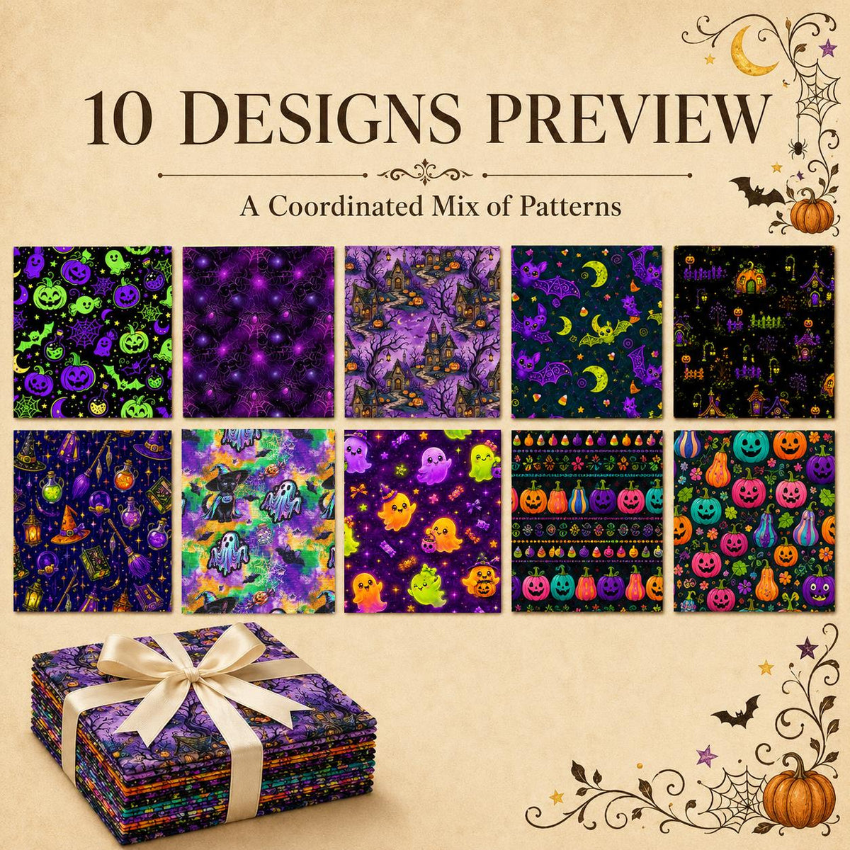 10pcs Charm Pack Set Pumpkin Ghost Halloween Pattern Vintage Style Handmade DIY with Rich Color and Texture Elements 100% Polyester Patchwork in 10 Design Styles Suitable for Patchwork DIY Craft Projects DIY Wallet Making Gift Giving Bag Making Mother's D