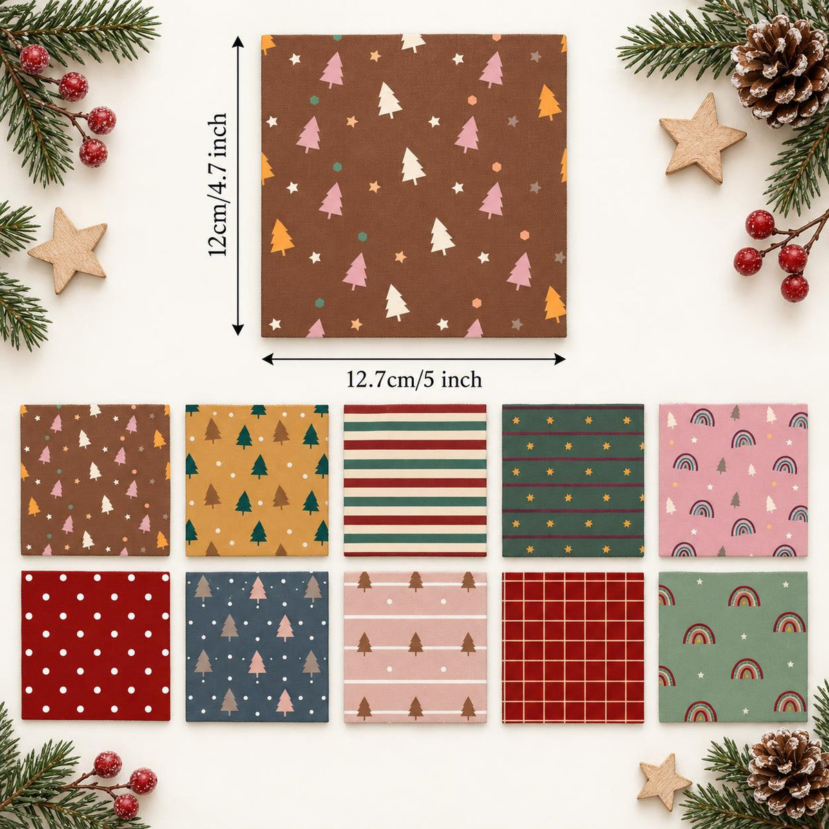 10Pc/Set Christmas Series Plaid Dot Star Tree Stripe Fat Quarter Fabric, Pre-Cut Square Fabric Assort, Fabric Set, Craft Fabric, Handmade DIY Patchwork Fabric,Home Quilting Sewing Fabric, Packaging Fabric, Scrapbooking Craft Hobbyist