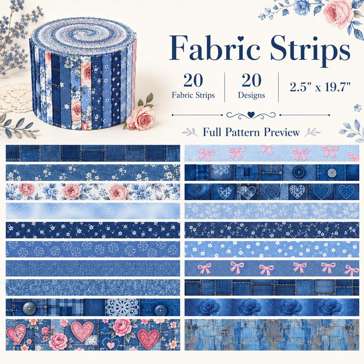20pcs Vintage Denim Pattern Blue Series Jelly Roll Sliced Fabric Strips 2.5X19.7inch Pre-Cut Floral Bow Knot Printed Multi-Color 100% Polyester For DIY Handmade Patchwork, Table Runners, Placemats, Tote Bags, Storage Pouches, Makeup Bags, Coasters