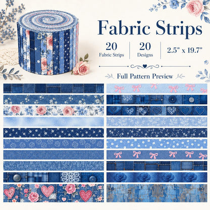 20pcs Vintage Denim Pattern Blue Series Jelly Roll Sliced Fabric Strips 2.5X19.7inch Pre-Cut Floral Bow Knot Printed Multi-Color 100% Polyester For DIY Handmade Patchwork, Table Runners, Placemats, Tote Bags, Storage Pouches, Makeup Bags, Coasters
