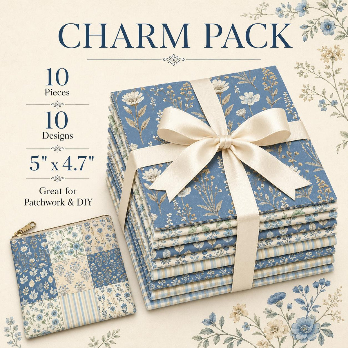 10pcs Charm Pack Set Floral Pattern Vintage Style Handmade DIY with Rich Color and Texture Elements 100% Polyester Patchwork in 10 Design Styles Suitable for Patchwork DIY Craft Projects DIY Wallet Making Gift Giving Bag Making Mother's Day Gift