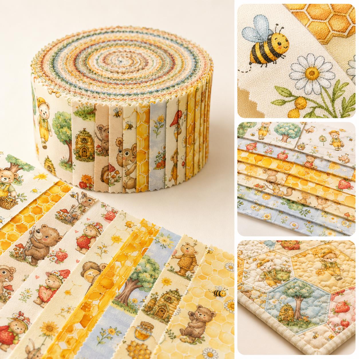10Pc/Set, Making 10 Images 1pc Each, Each Size: 6.3*50cm Bear Honey Yellow Series Sliced Fabric Set Style Combination, Polyester Jelly Roll Fabric Strips, Pre-Cut Quilting Squares, For Quilting DIY, Handicrafts And Sewing, Blankets, Rugs