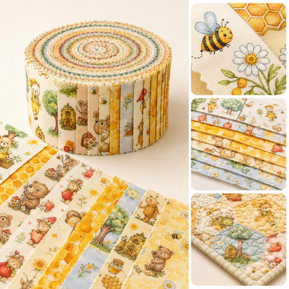 10Pc/Set, Making 10 Images 1pc Each, Each Size: 6.3*50cm Bear Honey Yellow Series Sliced Fabric Set Style Combination, Polyester Jelly Roll Fabric Strips, Pre-Cut Quilting Squares, For Quilting DIY, Handicrafts And Sewing, Blankets, Rugs