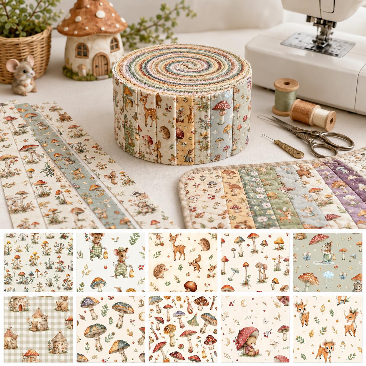 10Pc/Set, Making 10 Images 1pc Each, Each Size: 6.3*50cm Squirrel Mushroom Mouse Animal Series Sliced Fabric Set Style Combination, Polyester Jelly Roll Fabric Strips, Pre-Cut Quilting Squares, For Quilting DIY, Handicrafts And Sewing, Blankets, Rugs