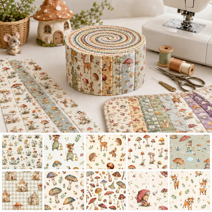 10Pc/Set, Making 10 Images 1pc Each, Each Size: 6.3*50cm Squirrel Mushroom Mouse Animal Series Sliced Fabric Set Style Combination, Polyester Jelly Roll Fabric Strips, Pre-Cut Quilting Squares, For Quilting DIY, Handicrafts And Sewing, Blankets, Rugs