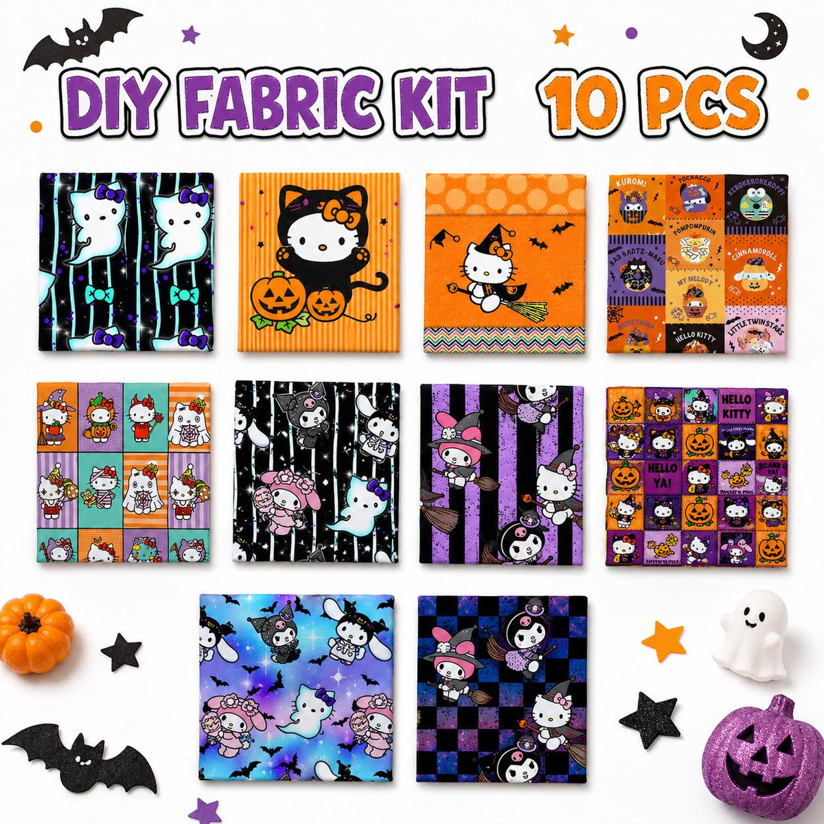 10Pc/Set Sanrio Series Kitty PompomPurin Melody Kuromi Halloween Fat Quarter Fabric, Pre-Cut Square Fabric Assort, Fabric Set, Craft Fabric, Handmade DIY Patchwork Fabric,Home Quilting Sewing Fabric, Packaging Fabric, Scrapbooking Craft Hobbyist