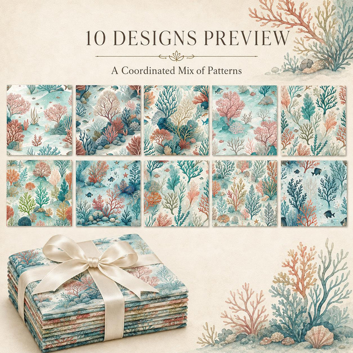 10Pc/Set Ocean Series Series Coral Conch Fish Fat Quarter Fabric, Pre-Cut Square Fabric Assort, Fabric Set, Craft Fabric, Handmade DIY Patchwork Fabric,Home Quilting Sewing Fabric, Packaging Fabric, Scrapbooking Craft Hobbyist