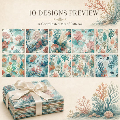 10Pc/Set Ocean Series Series Coral Conch Fish Fat Quarter Fabric, Pre-Cut Square Fabric Assort, Fabric Set, Craft Fabric, Handmade DIY Patchwork Fabric,Home Quilting Sewing Fabric, Packaging Fabric, Scrapbooking Craft Hobbyist